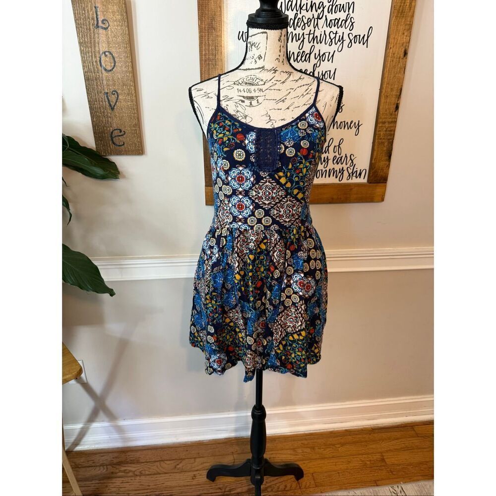 Band of Gypsies Women's Floral Smocked Sleeveless Boho Mini Dress Navy Sz Large
